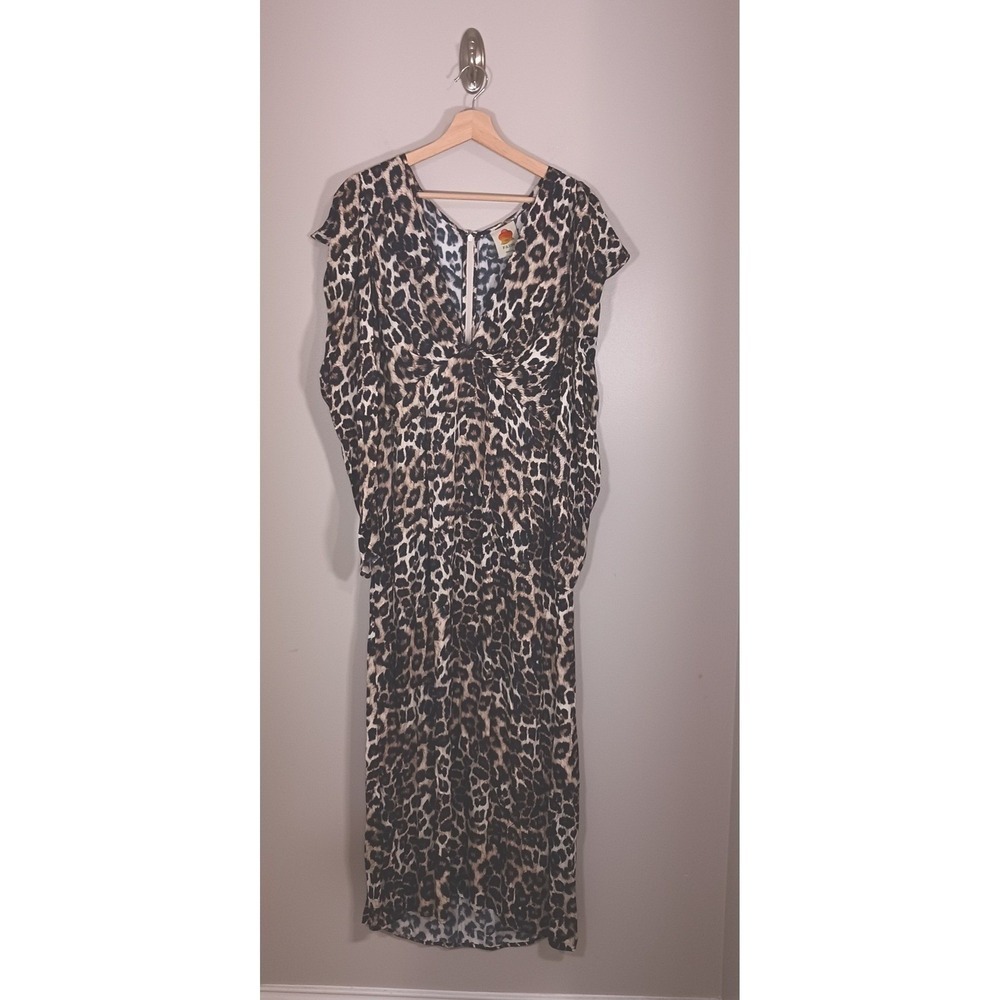 FARM Rio Leopard Print Midi Dress L New Animal Print V Neck Statement Dress
